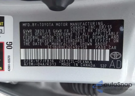 2016 Toyota Corolla Le из США, поврежденный, VIN 2T1BURHE2GC492158